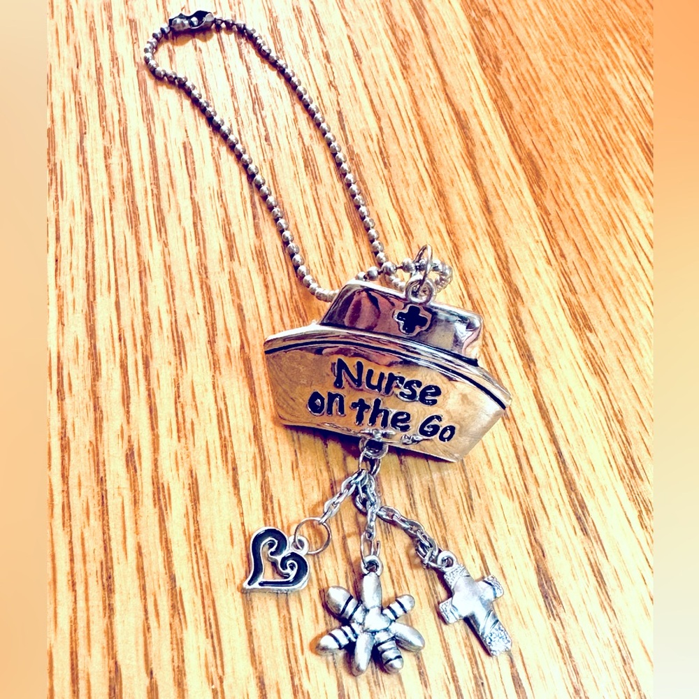 Hanging Charm “Nurse on the Go” Silver tone Nurse’s hat with 3 hanging charms